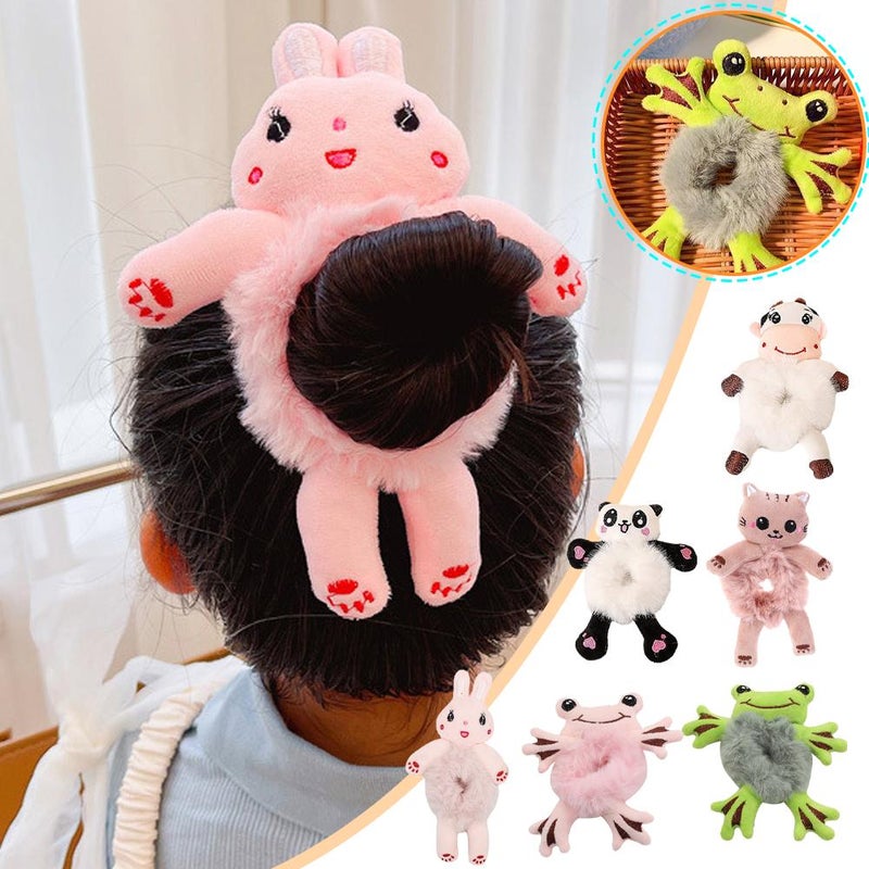 1pcs Cute Animal Scrunchies, 3D Animal Scrunchies Hair Ties, Cute Furry Frog Rabbit Panda Cat Cow Plush Hair Rope, Elastic Hair Bands Bun Maker Ponytail Holster Hair Styling Tools - Image 2
